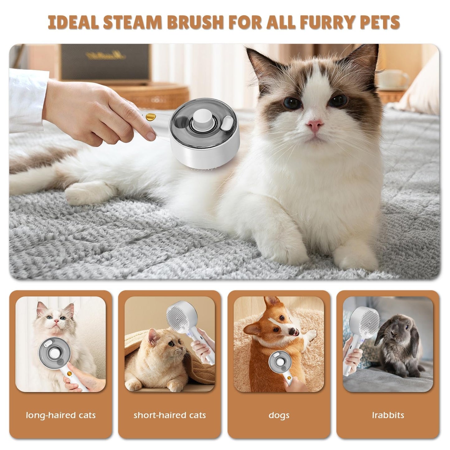 Brosse Chat Vapeur 4 en 1 Brosse pour Chien et Chats Poil Long Court Autonettoyant Brosses Vapeur Chat Peigne de Spray pour Massage, Toilettage et Épilation pour Animaux Chats Chien Lapin