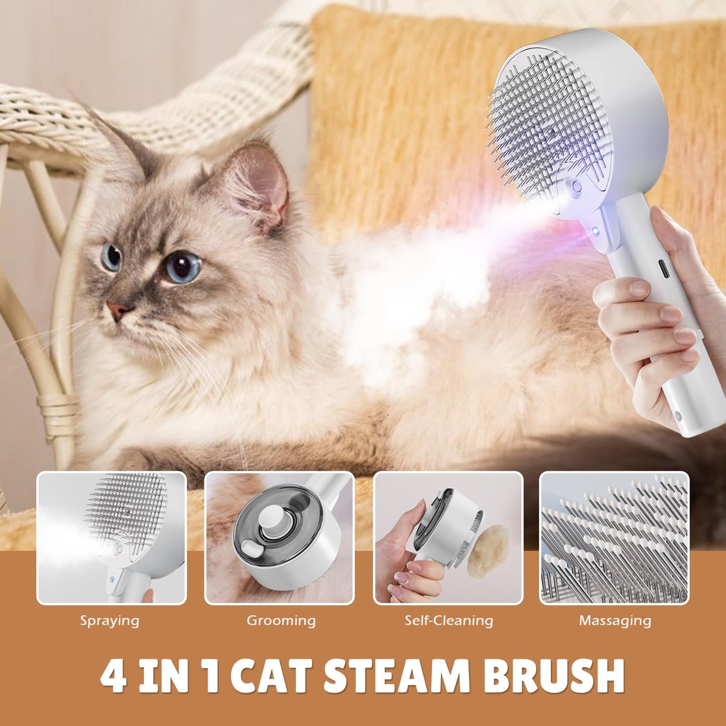 Brosse Chat Vapeur 4 en 1 Brosse pour Chien et Chats Poil Long Court Autonettoyant Brosses Vapeur Chat Peigne de Spray pour Massage, Toilettage et Épilation pour Animaux Chats Chien Lapin